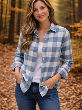 L.L. Bean Blue and White Buffalo Plaid Button-Down Shirt